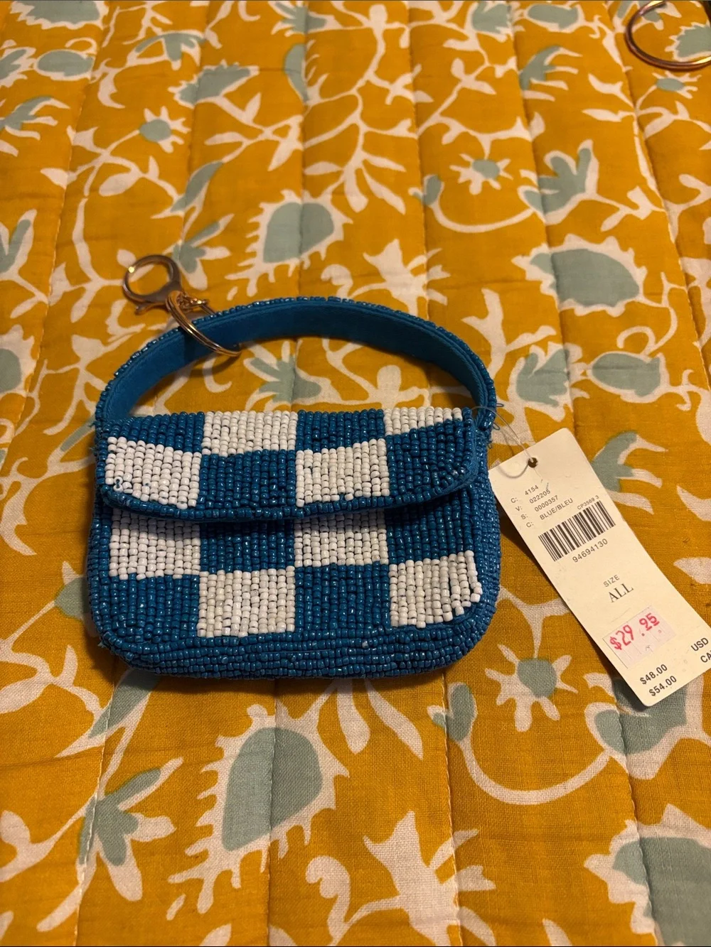NWT Anthropologie Mini Bag Purse Bag Charm Checkered Blue White Beaded